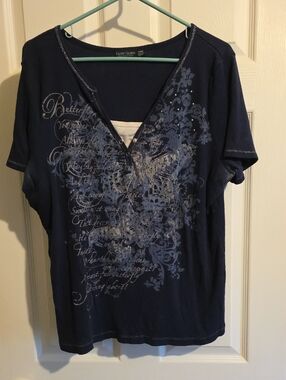 Butterfly Ribbed Navy Short Sleeve V-Neck Graphic Tee With Rhinestones